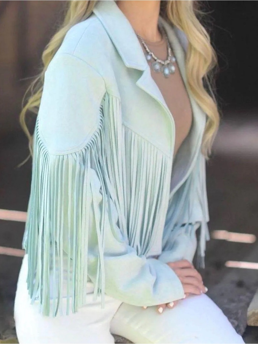 Fringed Suede Jacket in Pale Mint